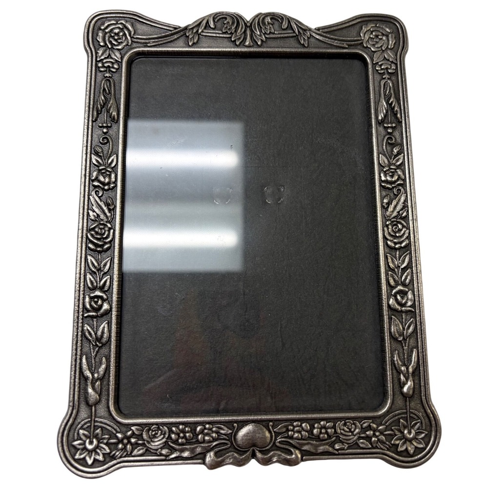 Vintage Pewter Tone Metal Floral Rose Picture Frame 4x6 Tabletop Decor